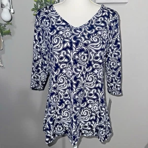S. Levine Blue White 3/4 Sleeve Women's Shirt Blouse Rhinestones Textured Size M - Picture 1 of 11