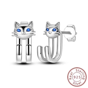 MULA S925 Sterling Silver Stud Earrings Blue AAA CZ Pretty Cat For Women Jewelry - Picture 1 of 6
