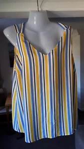 Ladies Papaya Blue & Yellow Striped Racer Back Vest Blouse Top Slim Size 12 - Picture 1 of 7