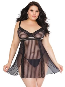 Plus Size Striped Mesh Babydoll Underwire Soft Cup Black Women Sleepwear 1X-4X - Picture 1 of 8