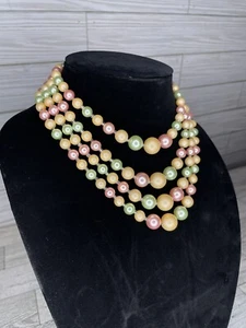 Vintage Faux Pastel Pearl  Necklace Made In Japan 4 Four Strand Granny Core - Picture 1 of 8