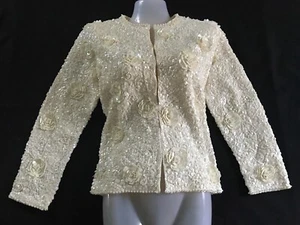 Rare! 50's Cavanagh Floral Hand Beaded & Sequin Cream Wedding Cardigan Size S-M - Picture 1 of 12