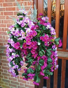 Artificial Trailing Hanging Basket Flower Rose Ivy Fern Rose Nast Burgundy Lilac - Picture 1 of 12