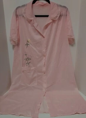 Penny's Adonna винтажный нейлона халат на пуговицах Baby розовый цветочный вышитый кружева большой  - Изображение 1 из 4