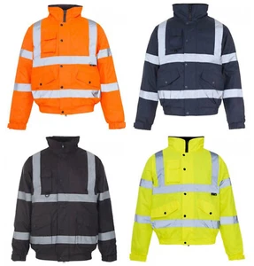 Hi Vis Viz Vision Safety Work Wear Bomber Jacket Storm Collar with Fleece Lining - Picture 1 of 5