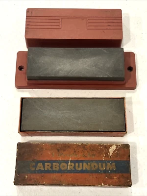 2 piedras de afilar cuchillas vintage - estuche de caja de plástico y carborundo Foto 1 de 2