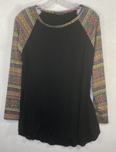 OUGES Top Shirt Size Medium Black Long Sleeve Crew Neck Knit Colorful Sleeves - Picture 1 of 8