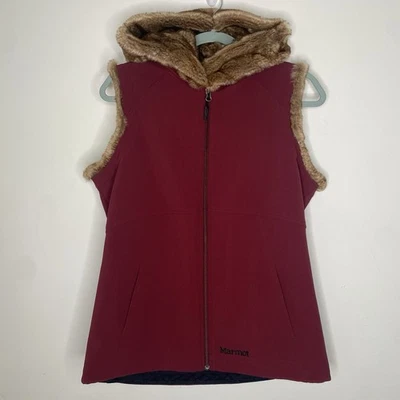 Marmot Hooded Faux Fur Trim Fleece Lined Jacket Best Full Zip L Merlot Color - Image 1 of 4