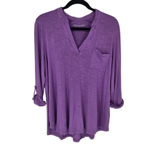 Soft surroundings womens size large purple v neck long roll tab sleeves top - Picture 1 of 8