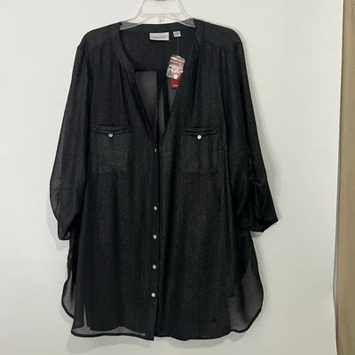 Top Avenue para mujer talla 22/24 negro cuello en V con superposición transparente manga abotonada carrera Foto 1 de 4