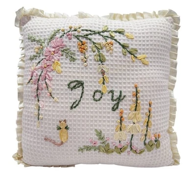 Ribbon Embroidered Throw Pillow Joy Floral Cat Ruffled Edge Cottagecore 9 In - Image 1 of 4
