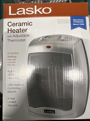 Lasko 9" 1500W Ceramic Space Heater w/Adjustable Thermostat Silver 754200 New - Image 1 of 4