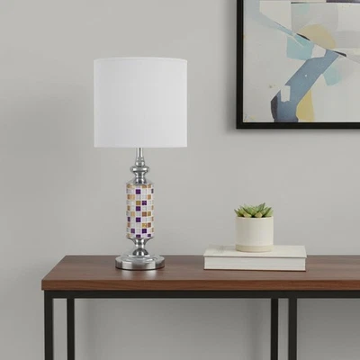 Lámpara de mesita de noche plateada de 24" con pantalla de tambor blanca Foto 1 de 4