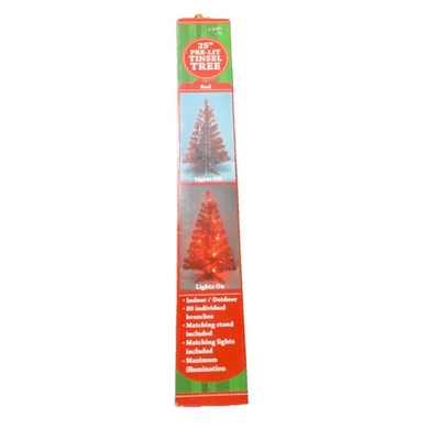 25” Pre Lit Tinsel Tree Red Matching Stand Indoor/Outdoor 80 Branches New In Box - Image 1 of 4