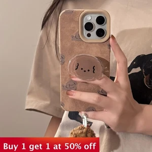 Funda de teléfono para iPhone 16 Pro Max 15 14 13 12 11 cuero marrón perro soporte retro - Imagen 1 de 8