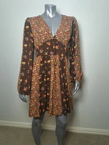 SO Goods For Life Brown Floral Stripe A-line Mini Sleeve Dress Empire Waist XL - Picture 1 of 6