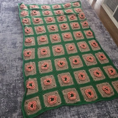 Vintage Handmade Crochet Granny Square  3D Flowers Afghan Blanket MCM 38x 61” - Image 1 of 4