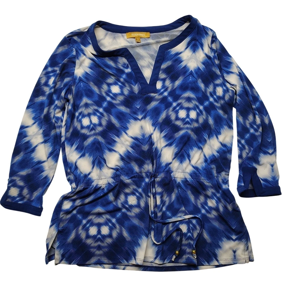 Túnica Ellen Geométrica Para Mujer Camisa Azul Pequeña Corbata Cintura Relajada Favorecedora Foto 1 de 4