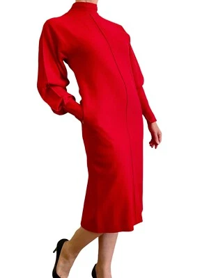 Vestido Vaina Pauline Trigere Años 80 Rojo Cuello Alto Manga Dolman De Colección Alta Costura Foto 1 de 4