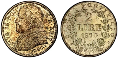 1870 R Italian Papal States 2 Lire, PCGS MS 63, KM-1379.3, Italy, Scarce Date - Image 1 of 2
