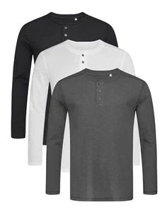 Stedman GREY BLACK WHITE Long Sleeve Grandad Henley Buttoned T-Shirt Tee - Picture 1 of 4