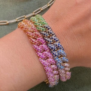 Brazalete Cubano Boda Chapado en Oro Amarillo 14K Zafiro Arco Iris Multicolor 20 quilates - Imagen 1 de 7