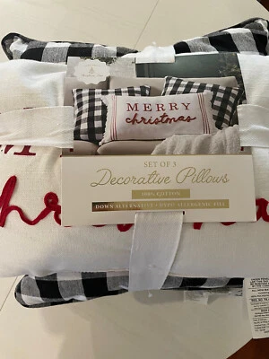 NWT Set of 3 Decorative Christmas Pillows Buffalo Check Plaid Merry Down FIll - Image 1 of 4