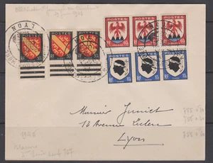 LETTRE LYON JT journee  timbre 1946 BLASONS x3 755 756 758 CORSE ALSACE Cté NICE - Picture 1 of 1