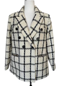 NWT ALLEN SOLLY Long Sleeve Pea Coat Jacket Womens Size 2XL Cream Checkered - Picture 1 of 9