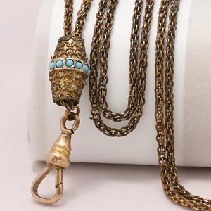 Antique Victorian Etruscan Revival Turquoise Slide Chain Gold Filled Necklace  - Picture 1 of 5