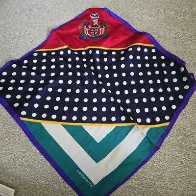 LIZ CLAIBORNE Logo Designer SILK 11" x 11.5" SCARF Vtg Red, Polka-dot, Blue - Image 1 of 4