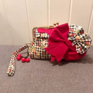 Rare Irregular Choice Gingham Floral Cherries Big Bow Clutch Bag Vintage Retro - Picture 1 of 5