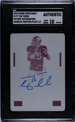 2018 Panini Impeccable Tim Tebow #IV-TT Victory Magenta Plate SGC A Auto 10 - Image 1 of 2