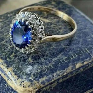 Art Deco Antique Oval Sapphire Lab Created Diamond 14K Gold FN Engagement Ring - Picture 1 of 13