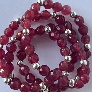 925 Sterling Silver Faceted 4mm Red Ruby Gemstone Stretchy Beaded Bracelet, 7” - Picture 1 of 5