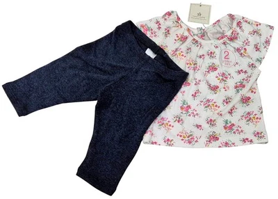 SIGUIENTE Conjunto de 2 piezas de top floral blanco y leggings azul marino de manga corta para bebés niñas Foto 1 de 2