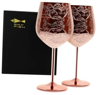 Etched Stainless Steel Wine Glasses With Copper Plated,Set of 2(17oz) Wine  - Image 1 of 4