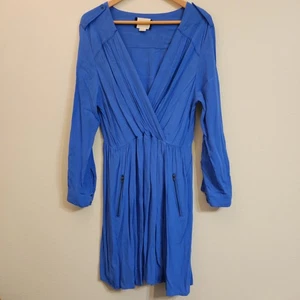 Anthropologie Maeve Kleid L Lene Krepp Faux Wickeltaschen blau Rollriegelärmel - Bild 1 von 20
