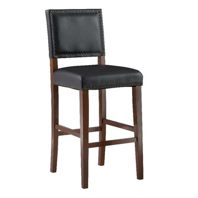 Taburete de bar de madera Linon Brook de 30" negro imitación cuero borde de cabeza de clavo en mancha de cerezo Foto 1 de 4