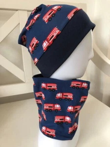 Beanie Mütze Kinder Loop Schal Set NEU Feuerwehr Blau viele Größen - Bild 1 von 2