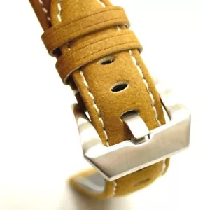 20mm Mustard Brown White Stitch Suede Genuine Leather Pre-V Buckle Watch Band - Picture 1 of 3