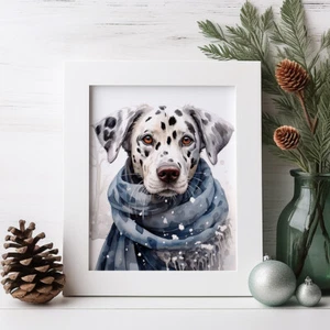 Dalmatian in a Winter Scarf Print, Watercolour Painting, Pet Portrait - Picture 1 of 10