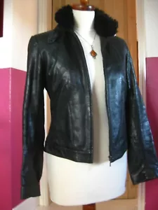 CHAQUETA DE CUERO M&S biker bomber abrigo cuello piel desgastado suave negro 8 reales - Imagen 1 de 9