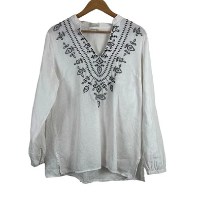 Camisa Campesina Boho de Lino Tweeds Talla Grande Blanca Bordada Puño con Botones Clásica Foto 1 de 4