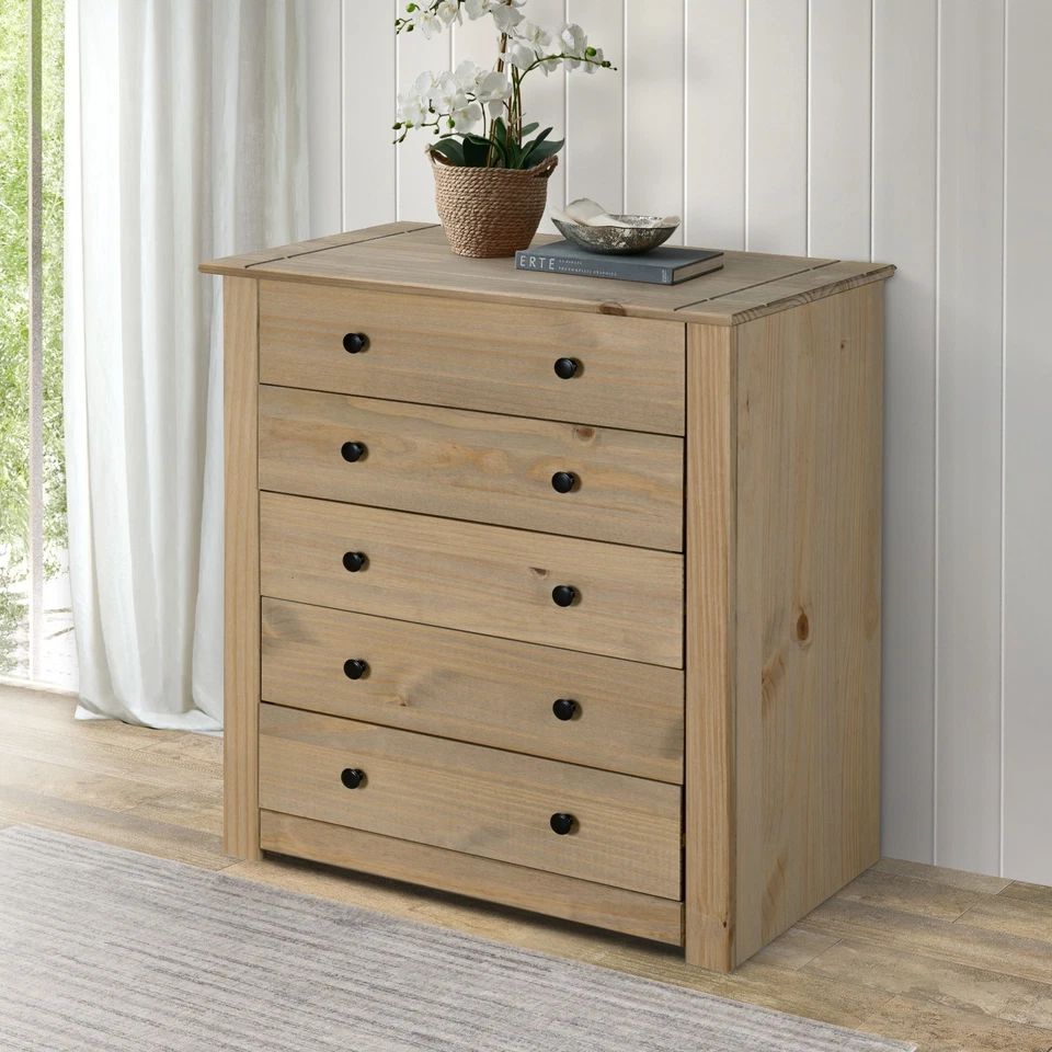 Panama Chest of Drawers 5 Drawer Solid Pine Wood Waxed Oak Finish - Image 1 of 4