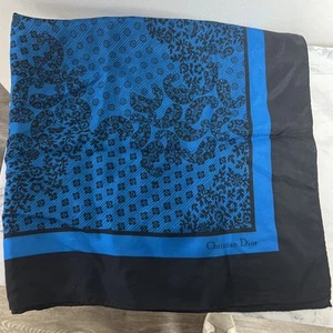Vintage Christian Dior Black and Turquoise Blue Silk Designer Scarf Wrap Shawl - Picture 1 of 7