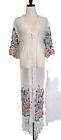 White Long Maxi Duster Sheer Floral Embroidered Os Beach Cover-Up Open Kimono