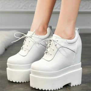 Fashion Sneakers Women's Lace Up Leather Wedges High Heel Platform Pumps Shoes - Picture 1 of 16