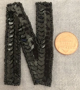 Letter N Sequin & Glass Bead Applique 2 3/4" 70mm x 1 5/8" 41mm Black - Picture 1 of 3