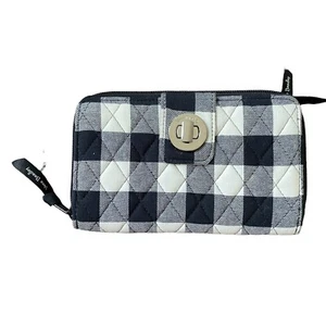 VERA BRADLEY Turnlock & Zip Wallet Pearl Buffalo Plaid Check White Black - Picture 1 of 6